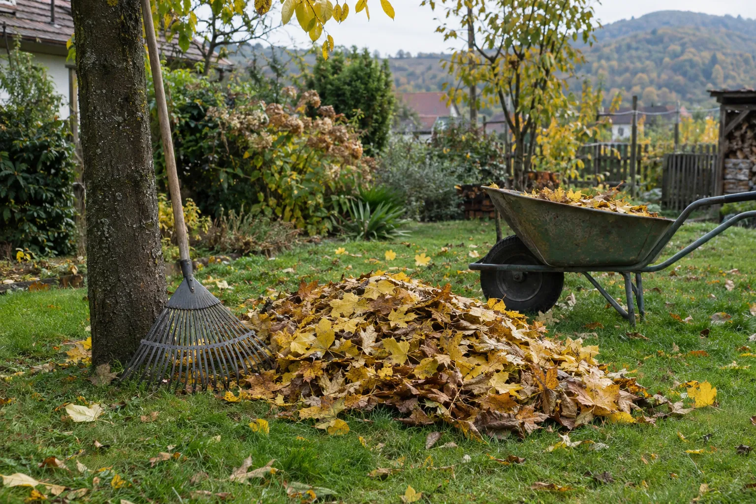 Gereblye és összegyűjtött sárga falevelek a gyepen, mellette talicska